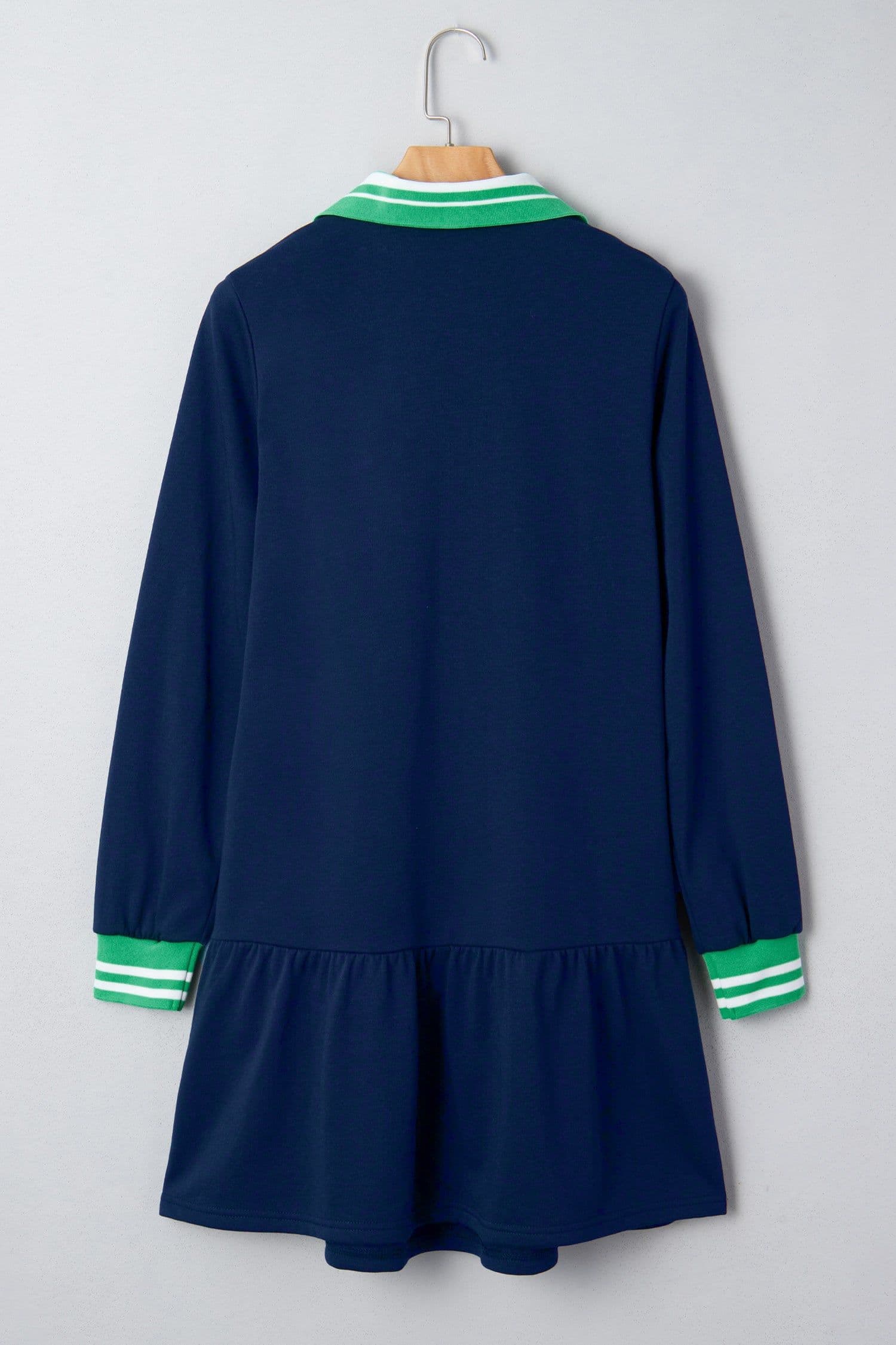 image-Navy Blue Contrast Striped Cuffs Polo Collar Patchwork Long Sleeve Ruffle Hem Mini Dress