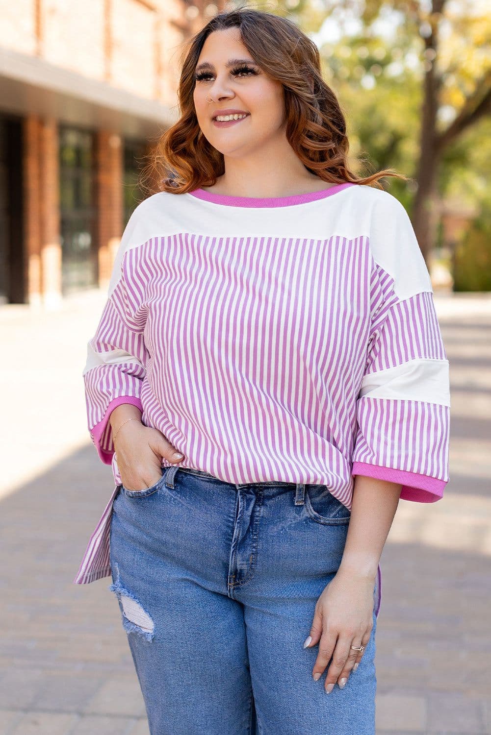 image-Pink Stripe Patchwork Plus Size T-Shirt