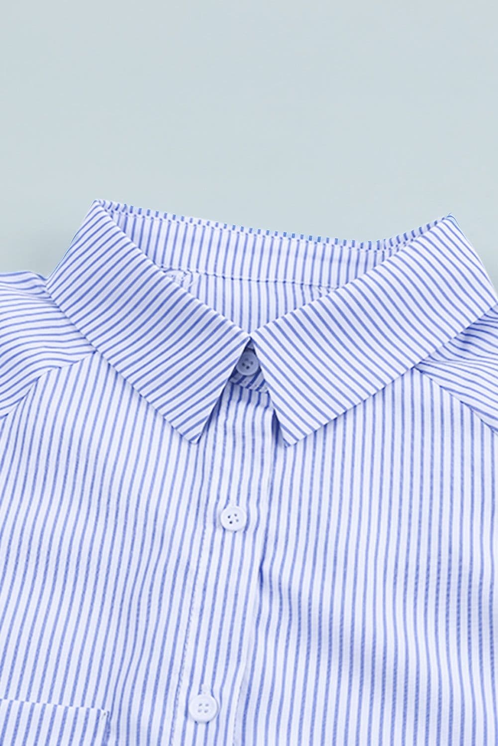 image-Sky Blue Striped Boyfriend Shirt with Pocket - Smocked Cuffs
