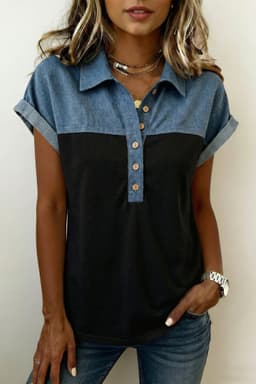 image-Light Grey Denim Patchwork Polo - Color Block Short Sleeve