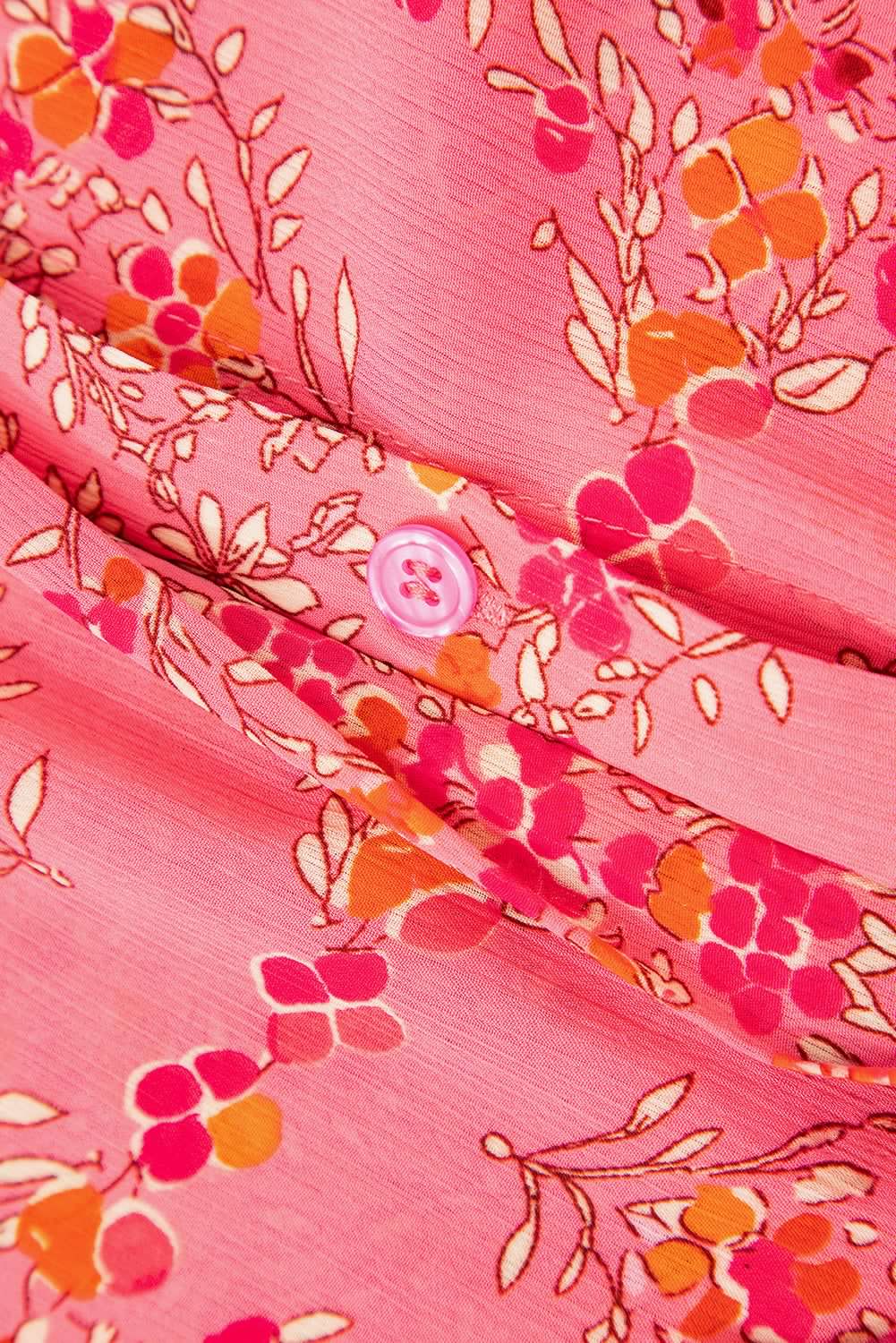 image-Rose Red Floral Print Shirt - Wide Short Sleeve Loose