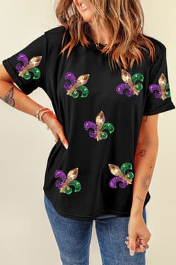 image-Mardi Gras Fleur De Lis Patched Crewneck T-Shirt Black