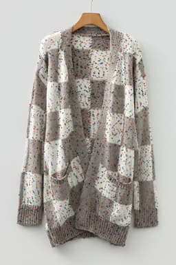 image-Brown Confetti Dot Checkered Cardigan Pockets