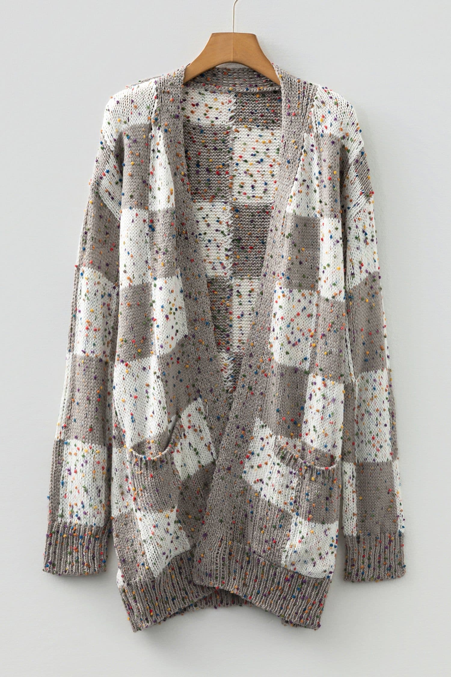 image-Brown Confetti Dot Checkered Cardigan Pockets