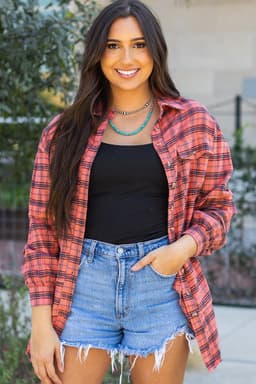 image-Plaid Long Sleeve Distressed Hem Shirt - Side Split - Sizes S-3XL