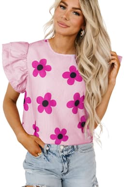 image-Floral Print Ruffled Sleeve Blouse - Pink Pinstripe - Sizes Available