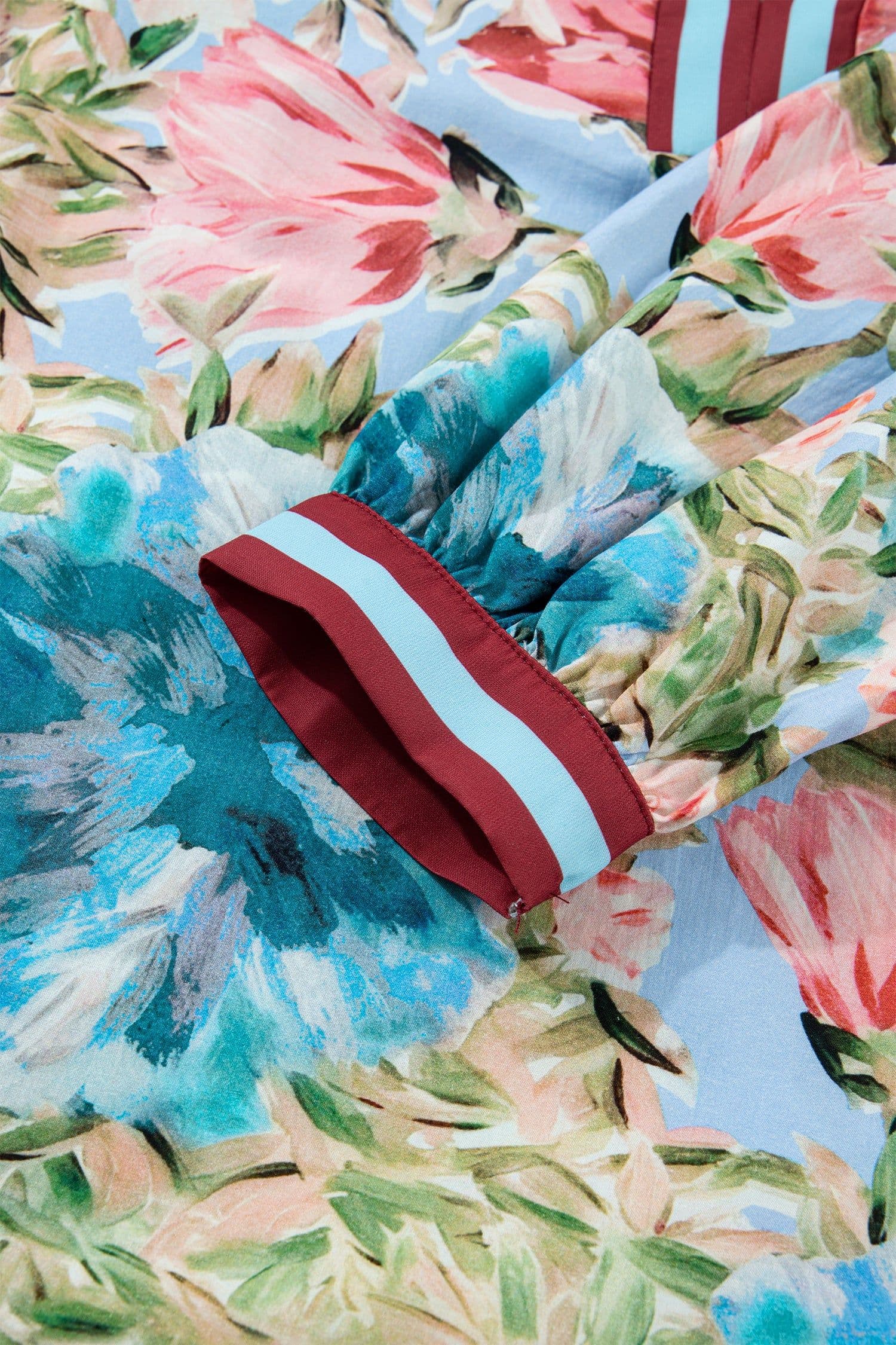 image-Sky Blue Floral Blouse V Neck Cuffed Sleeves