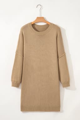 image-Pale Khaki Exposed Seam Drop Shoulder Oversize Sweater Mini Dress