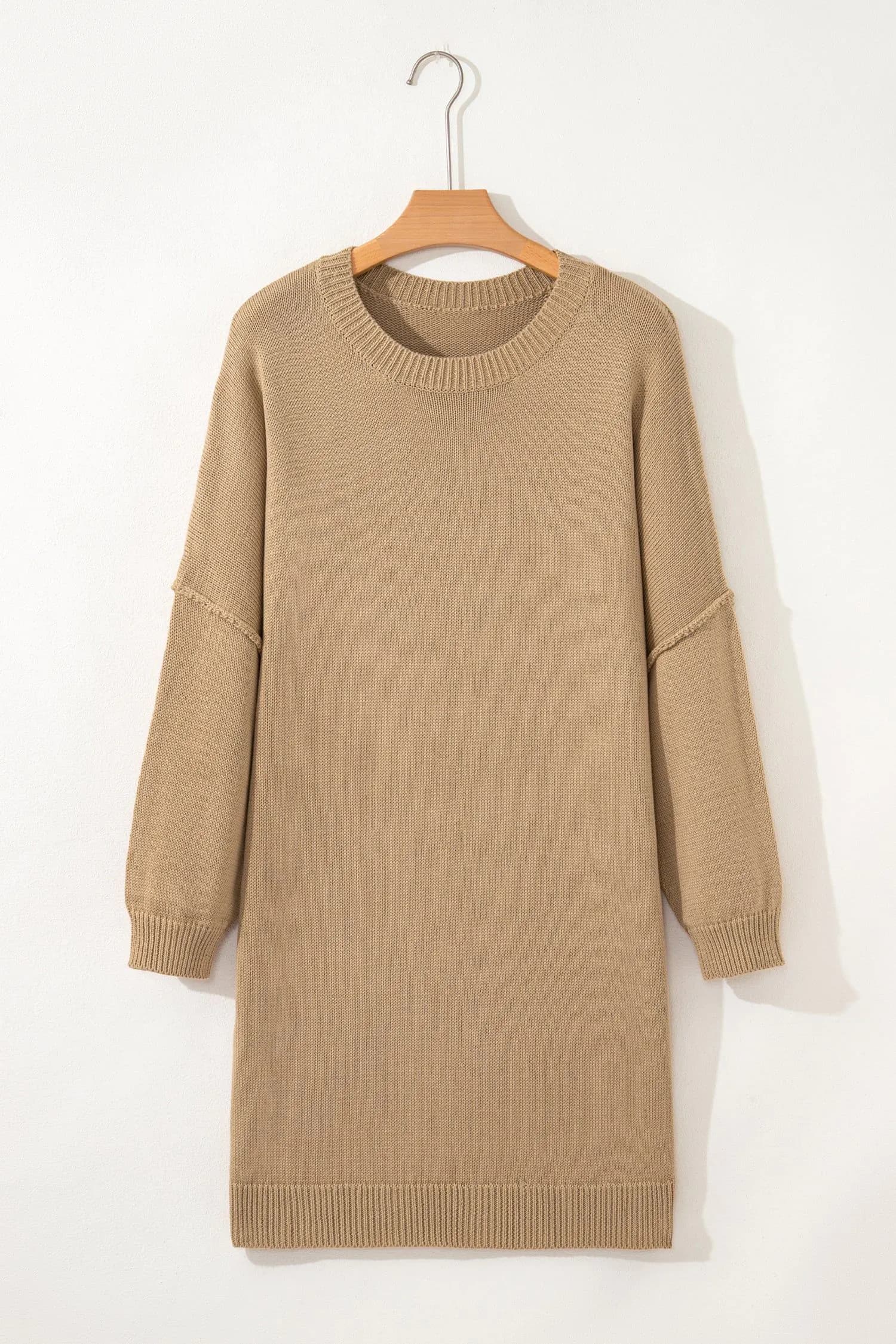 image-Pale Khaki Exposed Seam Drop Shoulder Oversize Sweater Mini Dress