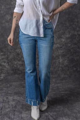 image-Sky Blue Distressed Medium Wash Flare Jeans (65 characters)
