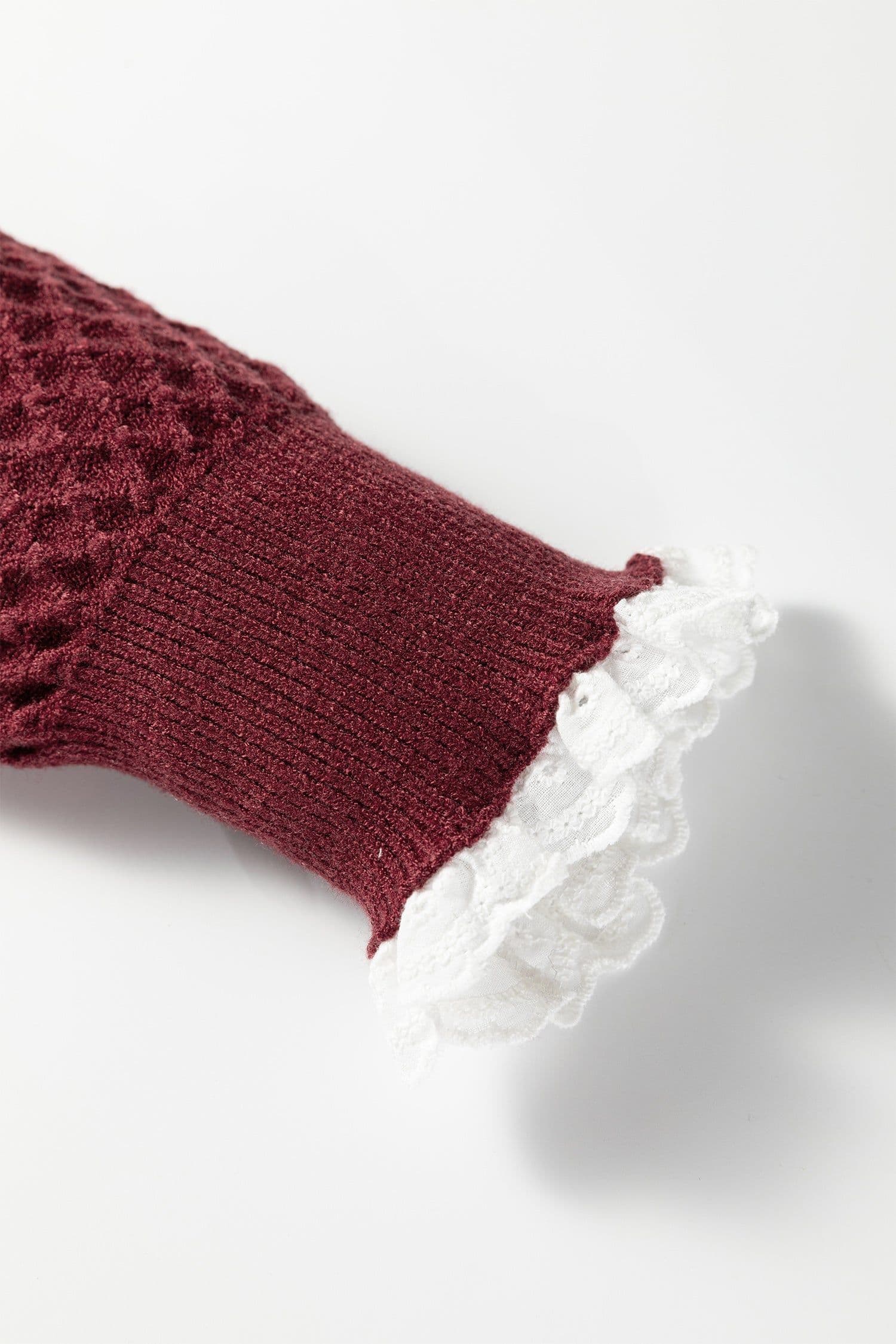 image-Burgundy Contrast Lace Frilled Trim Raglan Sleeve Sweater
