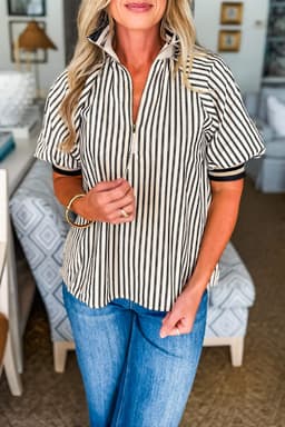 image-Black Stripe Polo Collar Half Zip Short Puff Sleeve Blouse