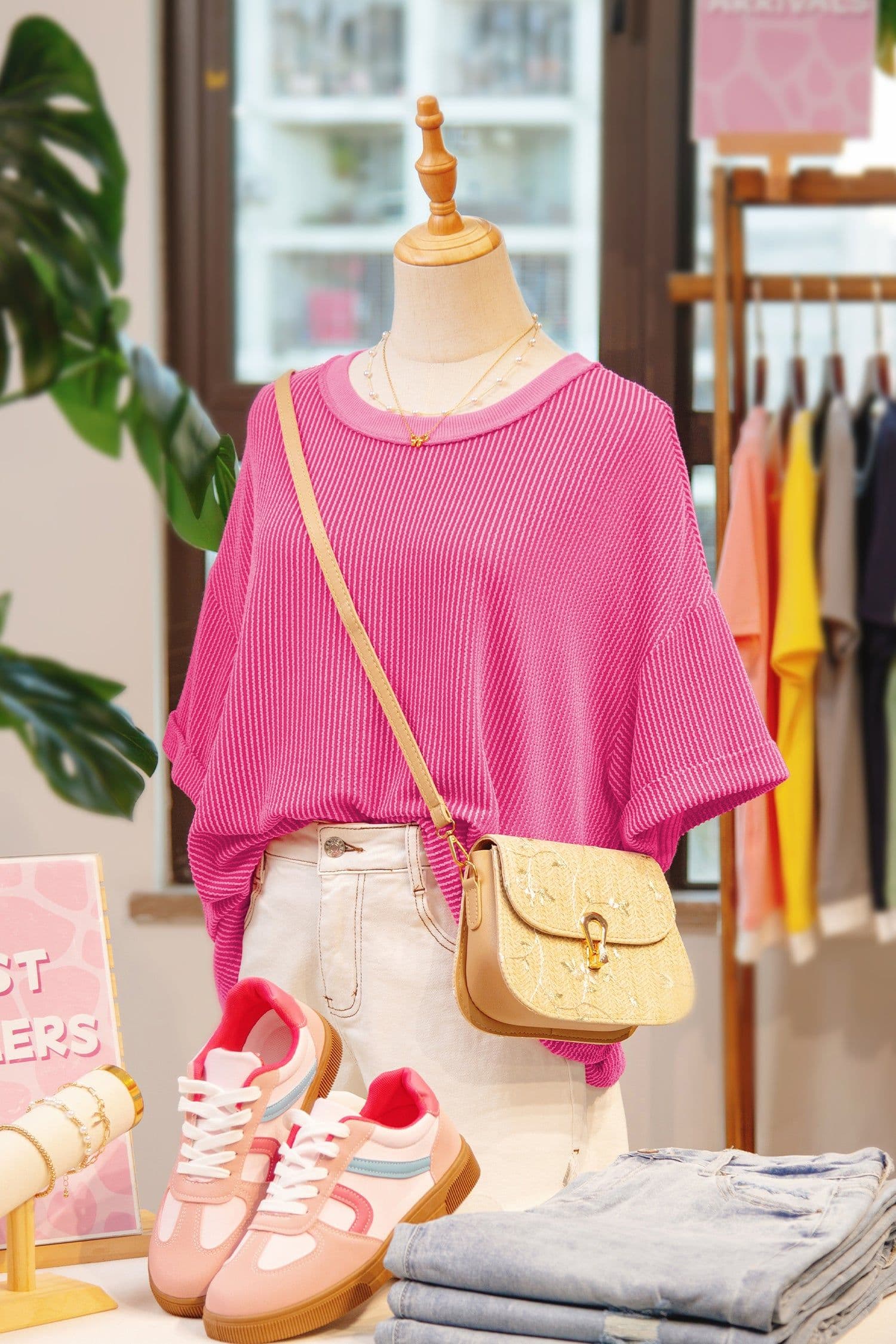 image-Rose Red Spiral Ribbed Cutout Bow T Shirt