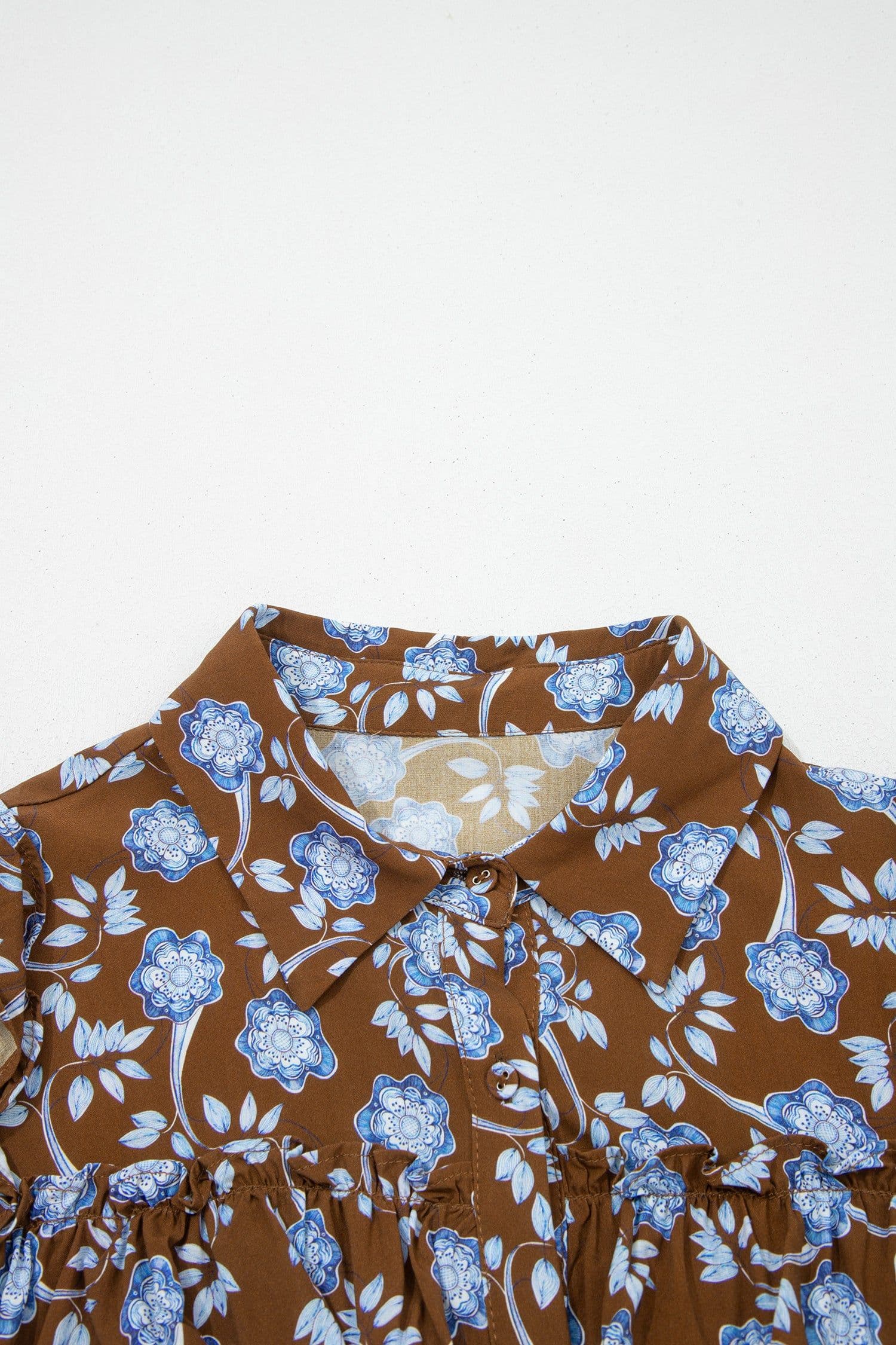 image-Brown Floral Print Ruffled Detail Shirt Collar Button Down Long Sleeve Dress