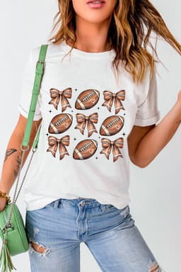 image-White Football Bow Print Cotton Blend T-Shirt