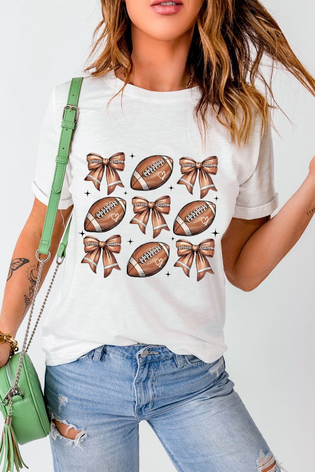 image-White Football Bow Print Cotton Blend T-Shirt
