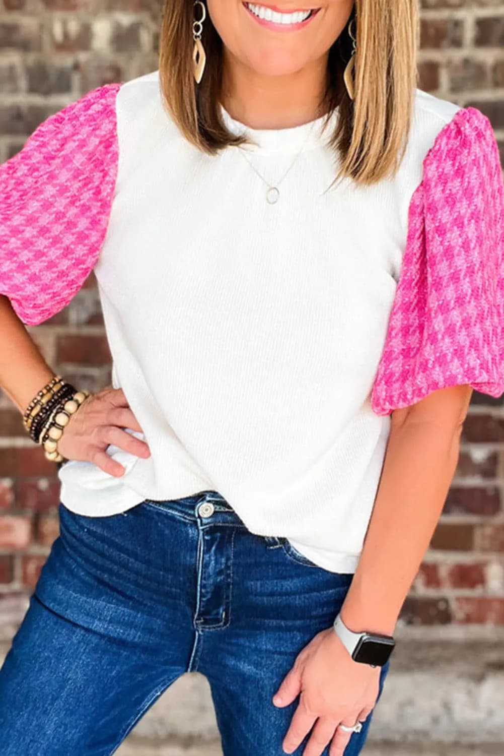 image-White Contrast Tweed Puff Sleeve Top