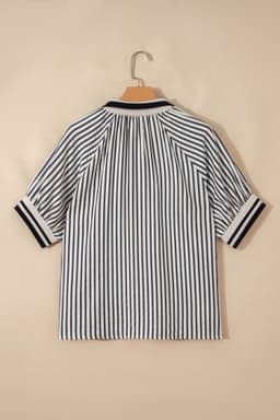 image-Black Stripe Polo Collar Half Zip Short Puff Sleeve Blouse