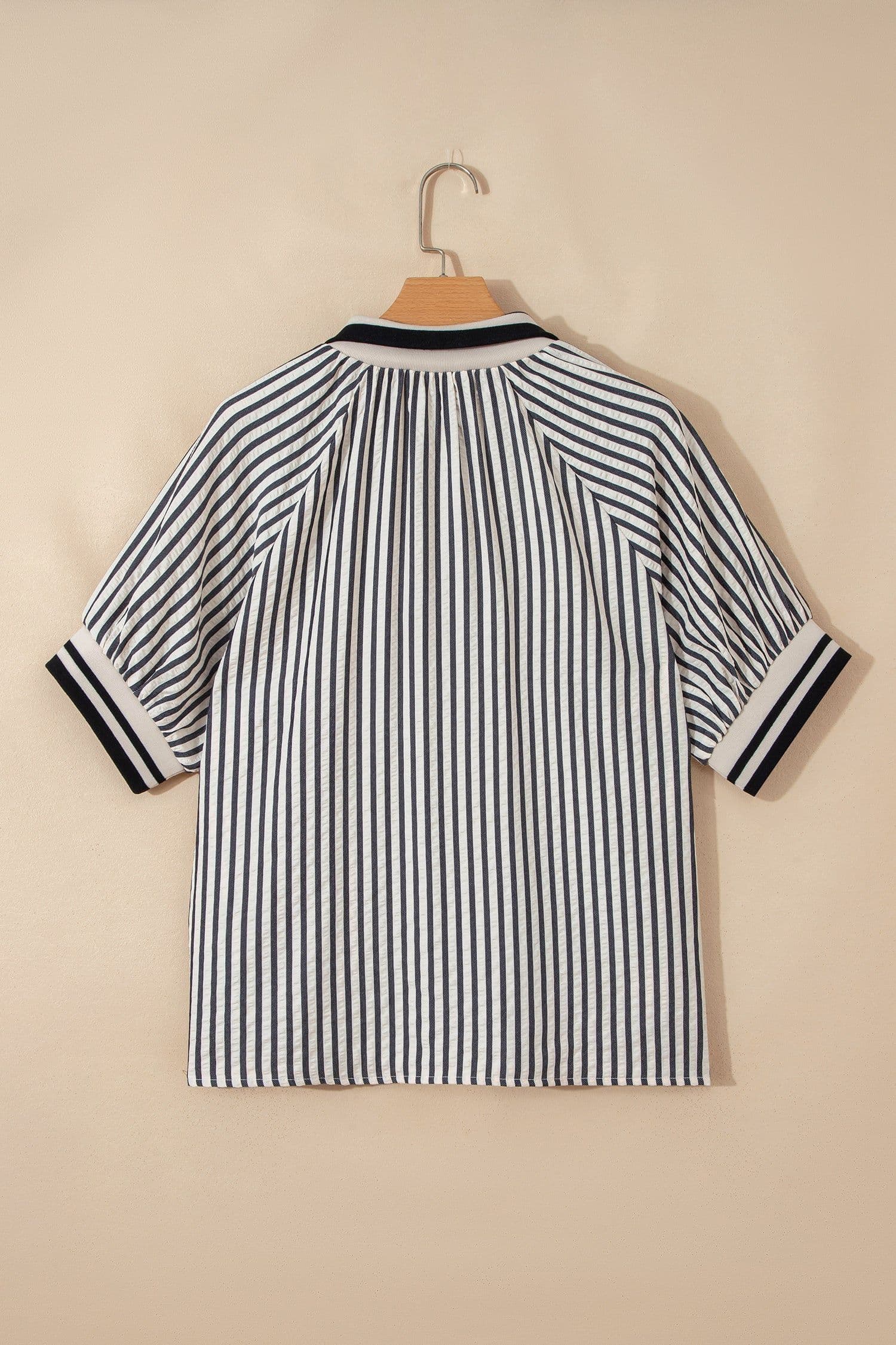 image-Black Stripe Polo Collar Half Zip Short Puff Sleeve Blouse