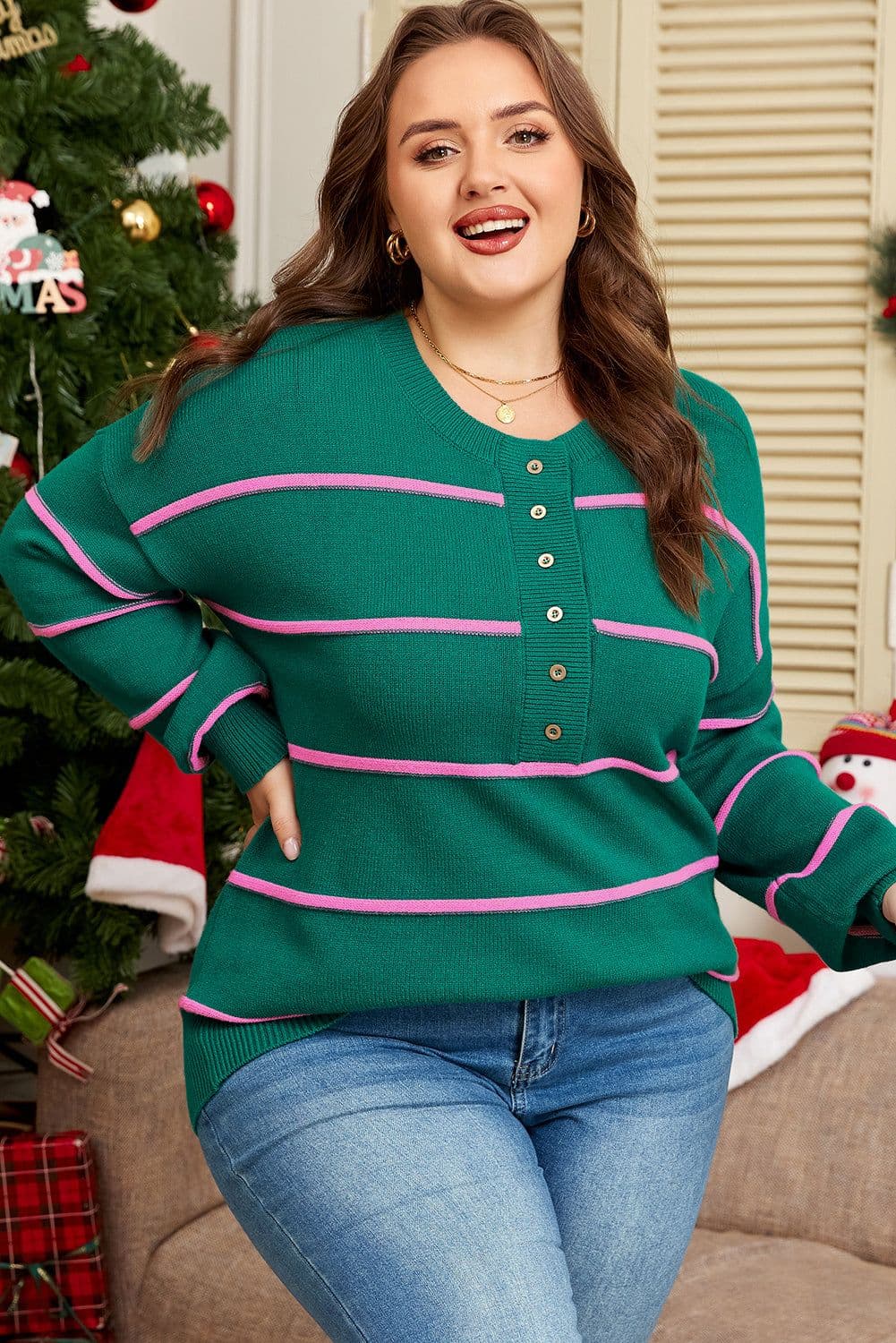 image-Green Stripe Half Button Drop Shoulder Plus Sweater