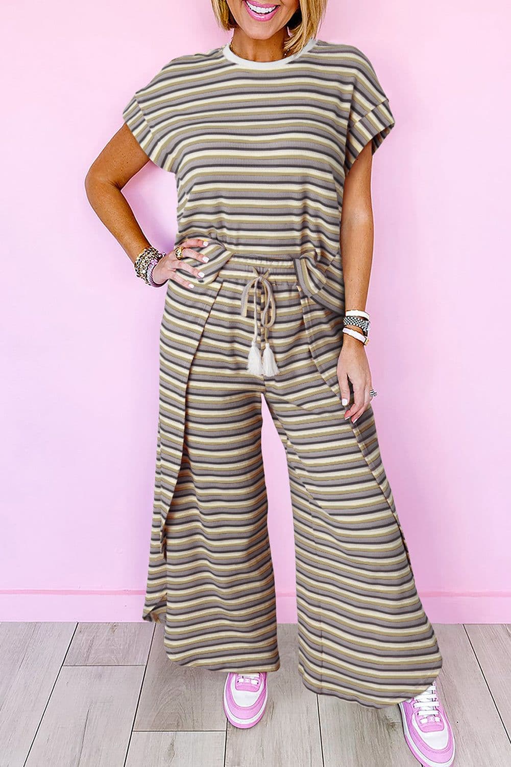 image-Pink Stripe Rainbow Tee Wide Leg Pants Set