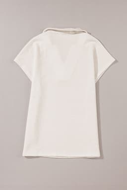 image-White Textured V Neck Collared Short Sleeve Top