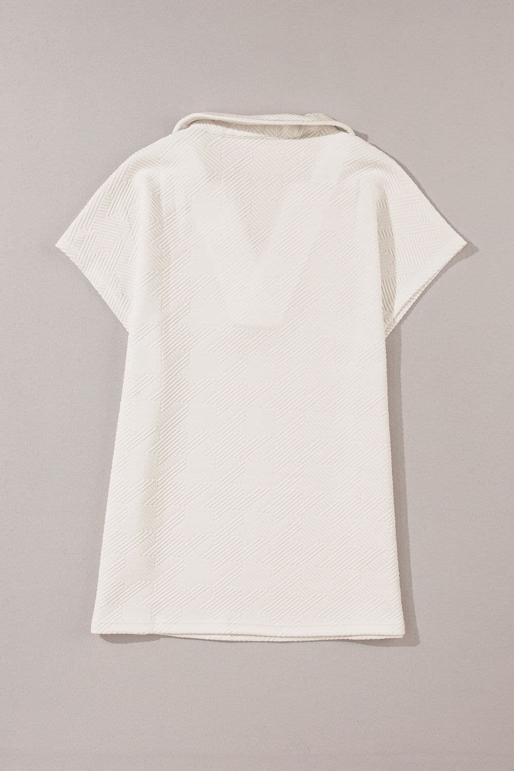 image-White Textured V Neck Collared Short Sleeve Top