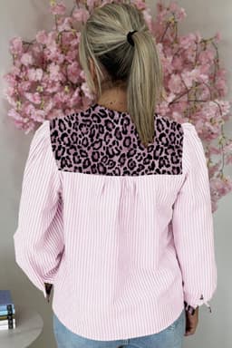 image-Brown Stripe Leopard Patchwork Long Sleeve Shirt