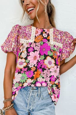 image-Green Bubble Sleeve Lace Trim Floral Blouse