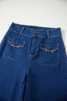 image-Sail Blue Wide Leg Denim Pants - Hardware Decor