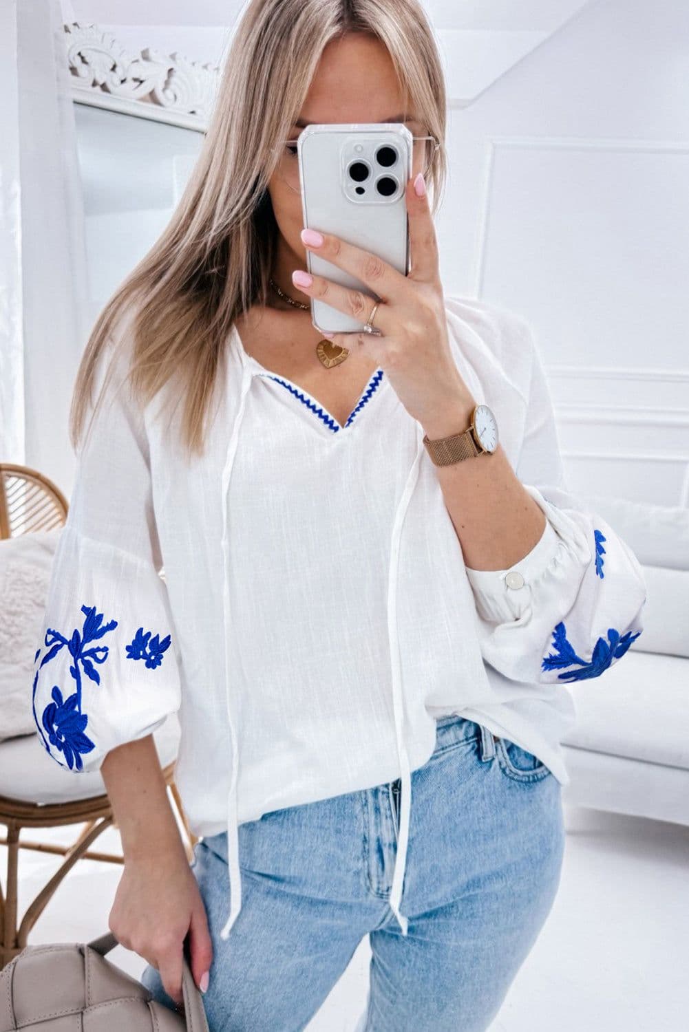 image-White Floral Embroidered Drawstring V Neck Blouse