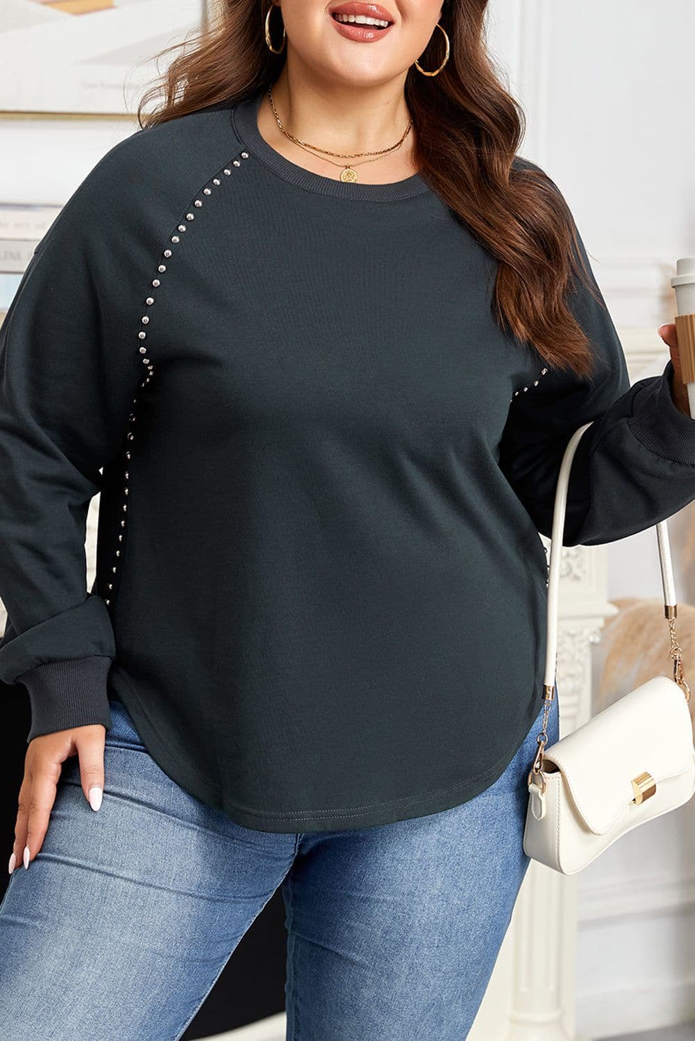 image-Black Studded Decor Ribbed Edge Mineral Wash Plus Size Jumper