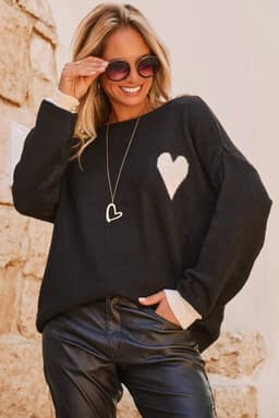 image-Black Heart Detail Contrast Cuffs Baggy Sweater