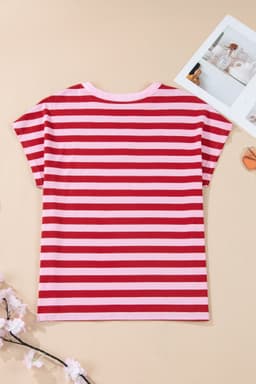 image-Pink Stripe Split V Neck T Shirt