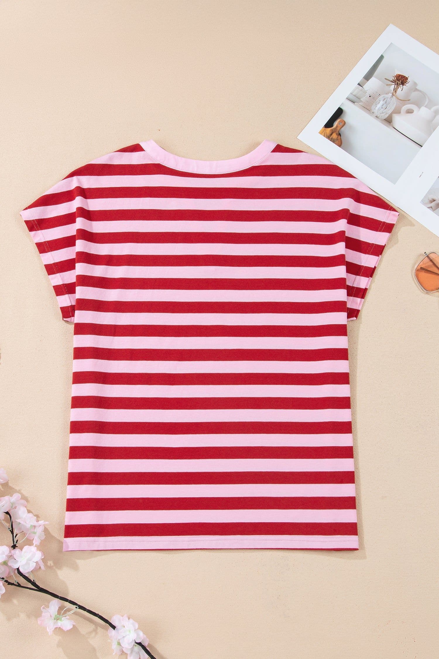 image-Pink Stripe Split V Neck T Shirt