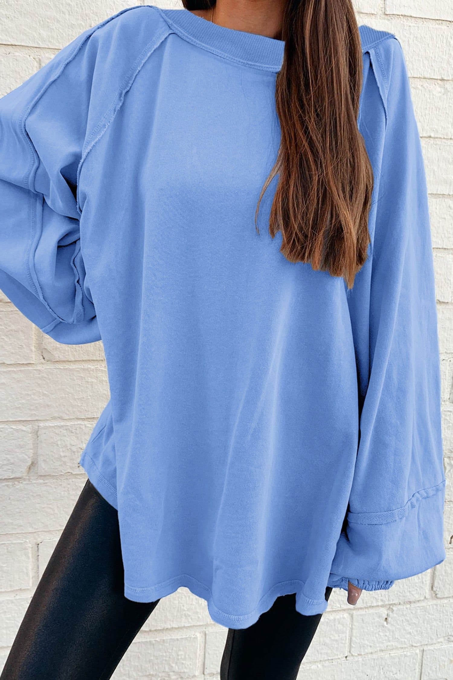 image-Beige Baggy Sweatshirt Raw Seam Patchwork