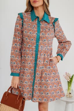image-Orange Boho Floral Contrast Collared Shirt Dress