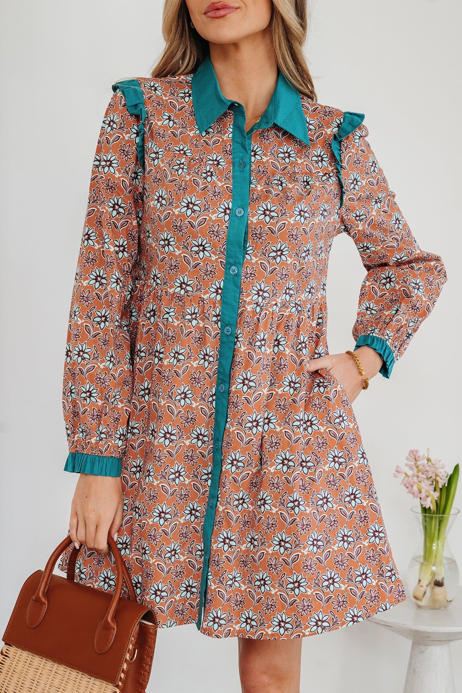 image-Orange Boho Floral Contrast Collared Shirt Dress