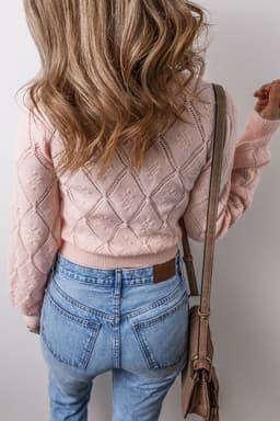 image-Pink Openwork Plaid Puff Sleeve Cropped Sweater
