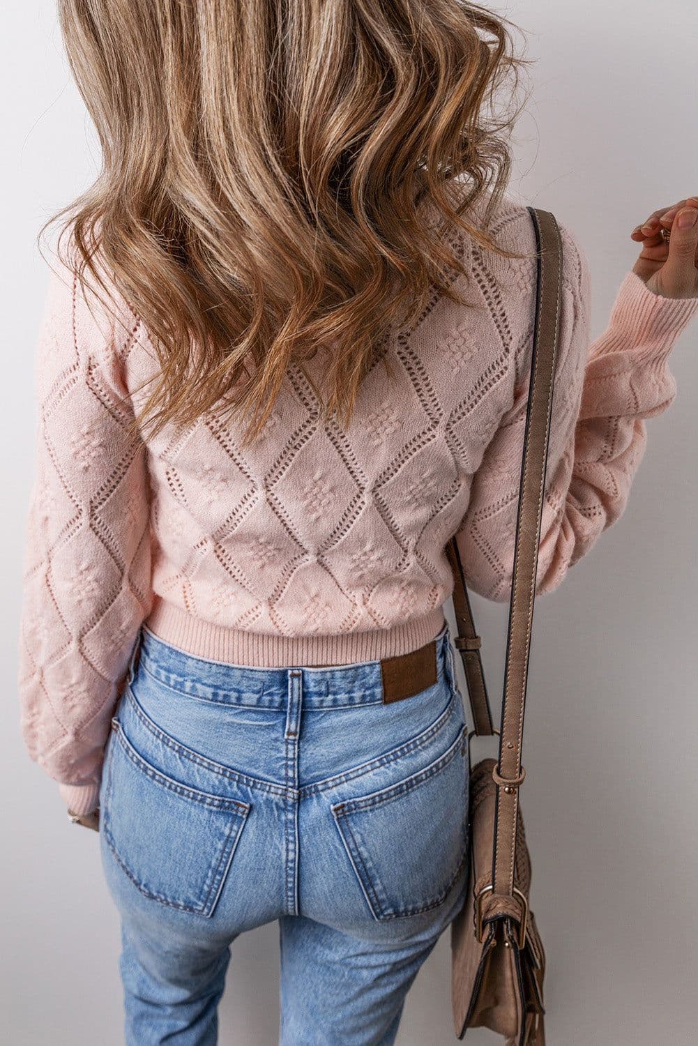 image-Pink Openwork Plaid Puff Sleeve Cropped Sweater