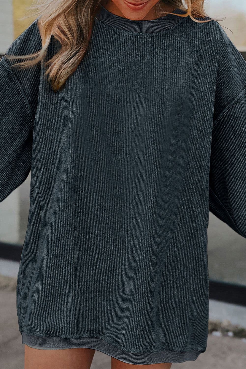 image-Strawberry Pink Ribbed Corded Oversized Sweatshirt