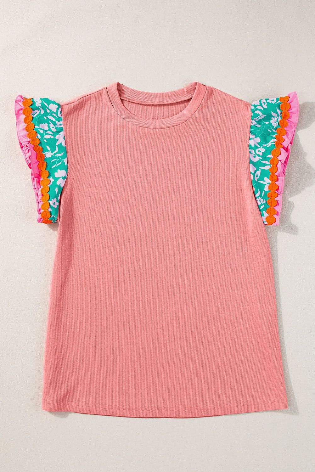 image-Contrast Ricrac Floral Sleeve Top - White (57 characters)