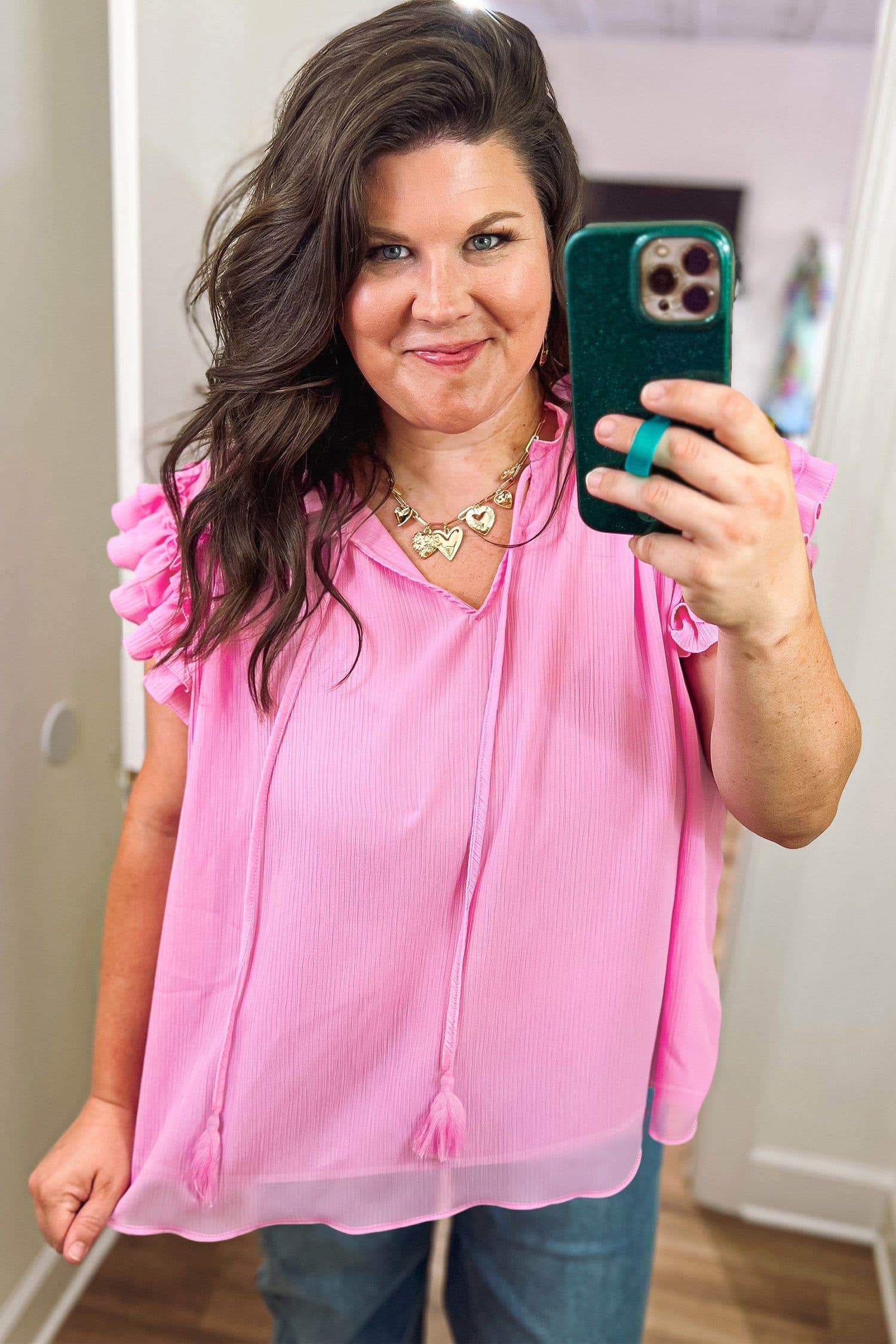 image-Bonbon Plus Size Textured Tassel Tie V Neck Ruffle Short Sleeve Blouse