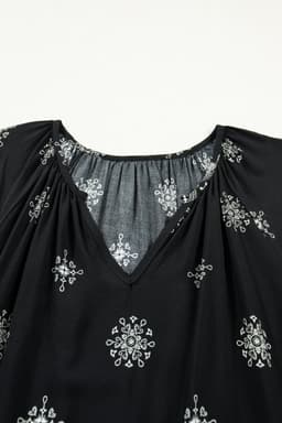 image-Yellow Floral Boho Chic Top - Plus Size Notched V-Neck Short Sleeve