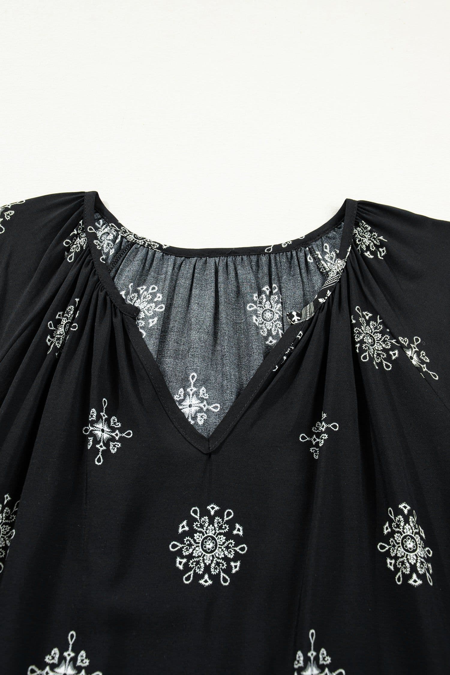 image-Yellow Floral Boho Chic Top - Plus Size Notched V-Neck Short Sleeve