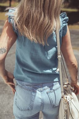 image-Beau Blue Chambray Tank Top Ruffle Trim