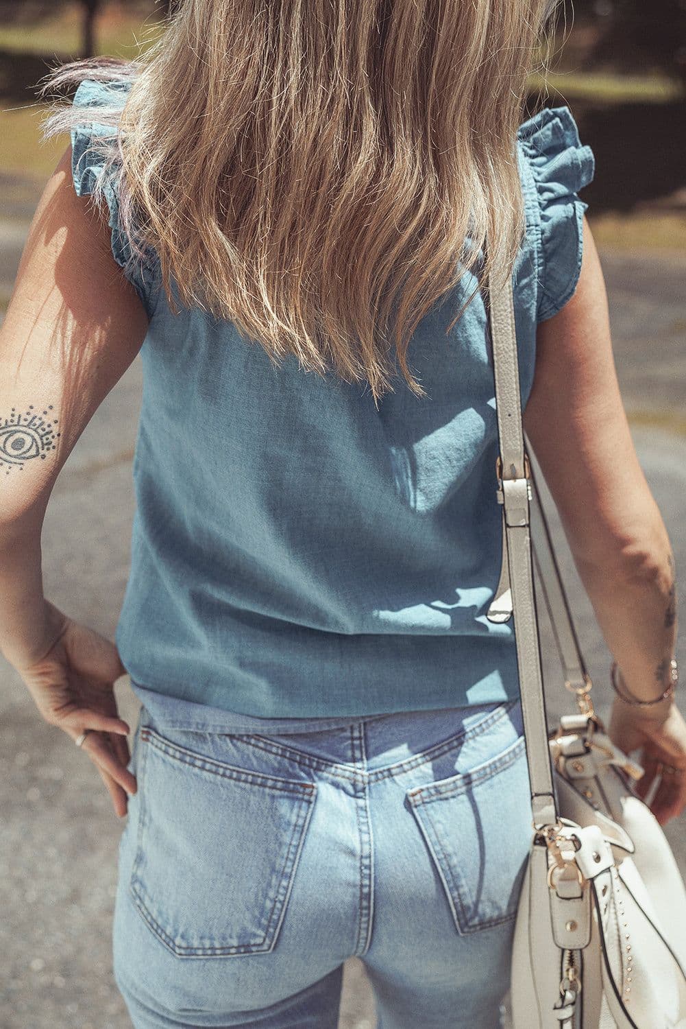 image-Beau Blue Chambray Tank Top Ruffle Trim