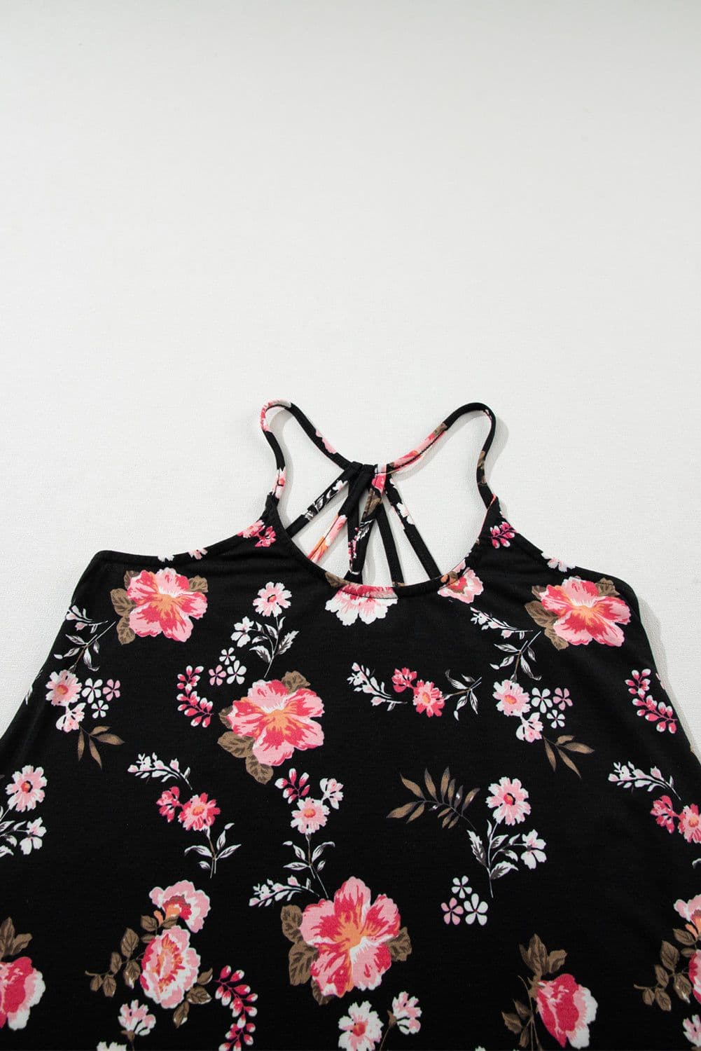 image-Black Floral Spaghetti Straps Strappy Back Tank Top