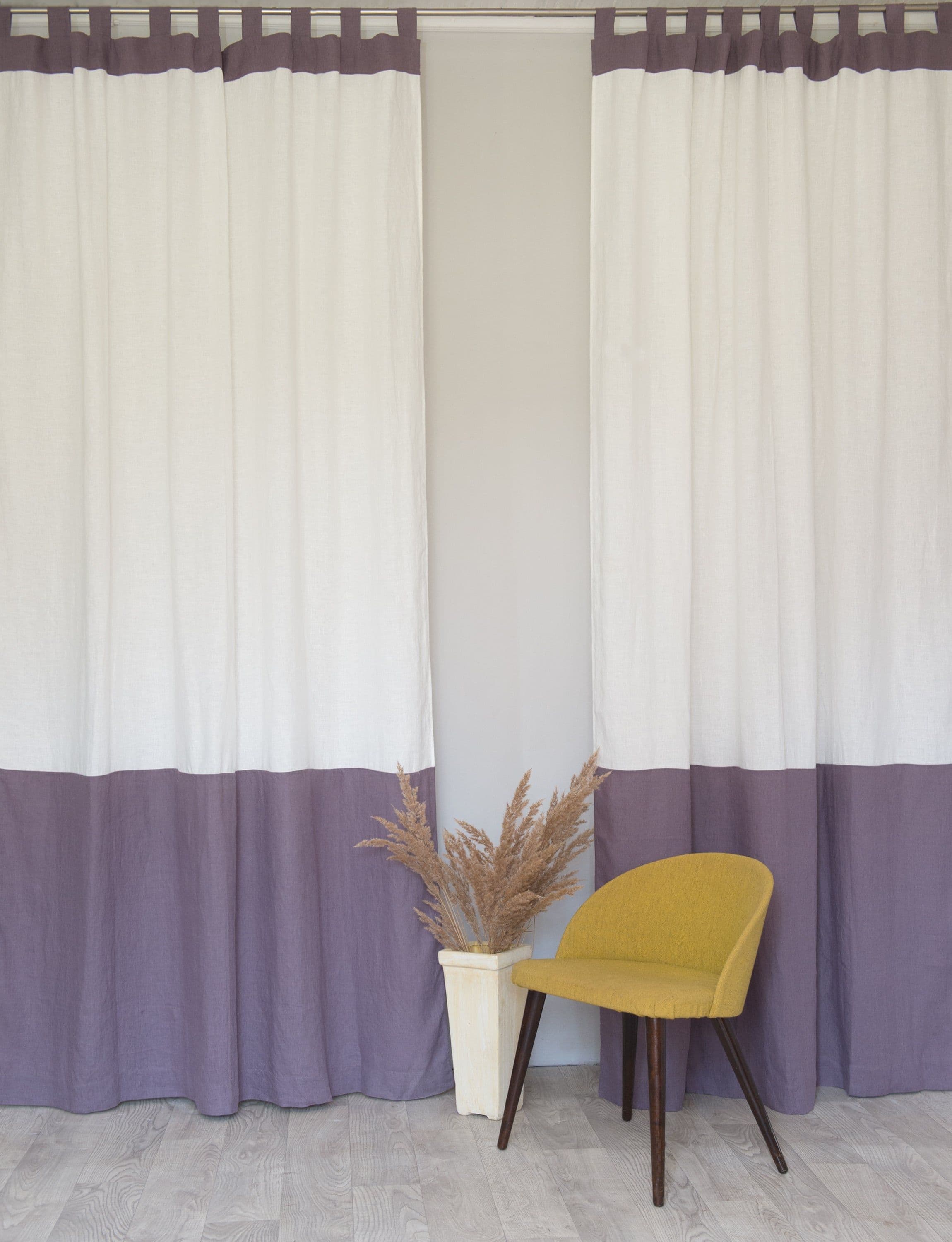image-White and Natural Light linen curtains with tabs, two tones