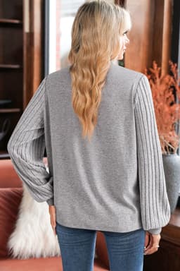 image-Gray Hollowed Lace Ribbed Knit Long Sleeve Patchwork Top
